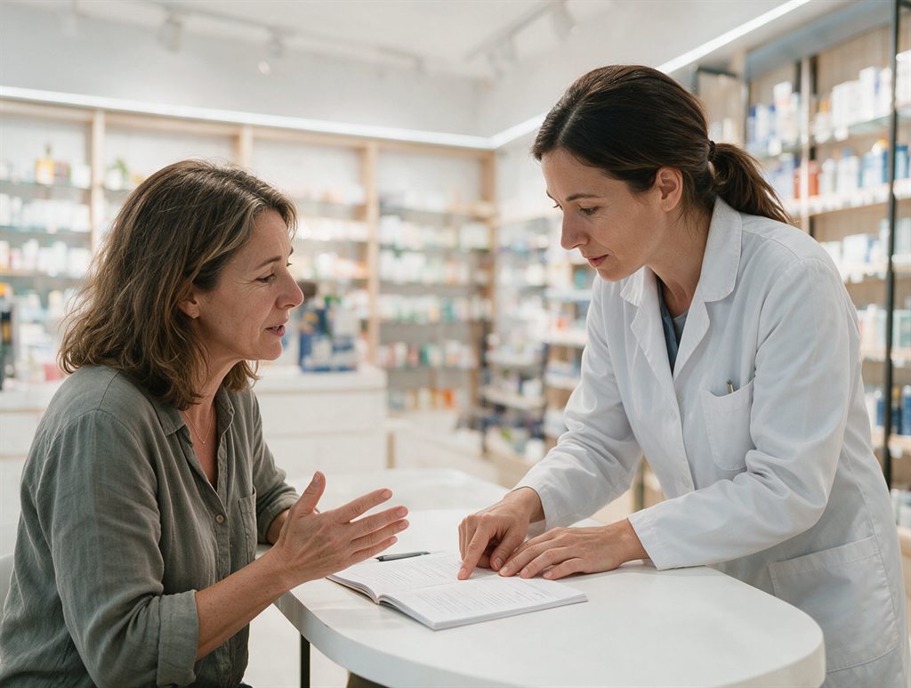Farmacéutica revisando con calma el caso de una paciente en la consulta de menopausia en Cangas