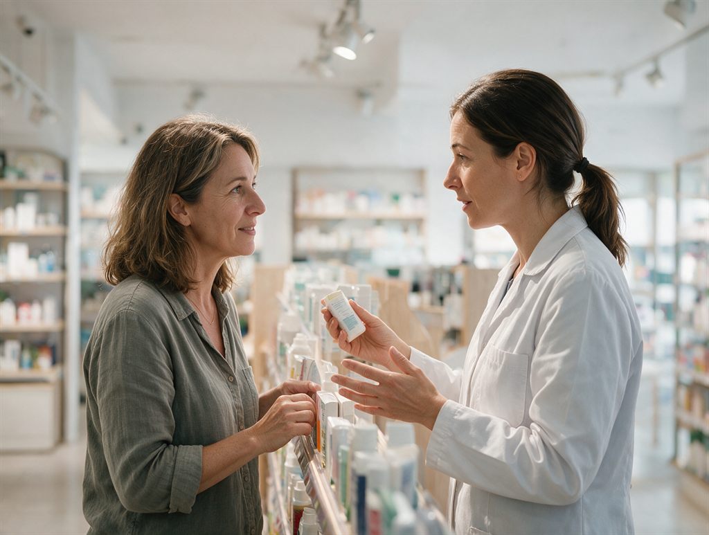 Mujer resolviendo sus dudas sobre la menopausia con la farmacéutica de Alameda Vella en Cangas