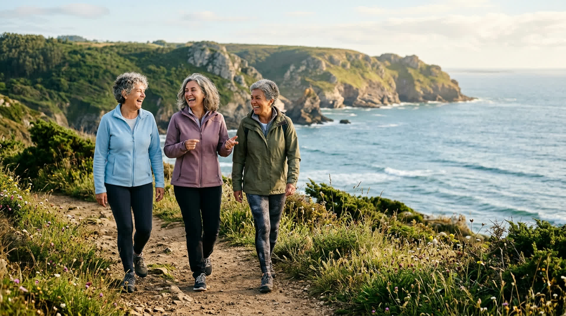 Tres mujeres caminando y riendo por un sendero costero, activas durante la menopausia