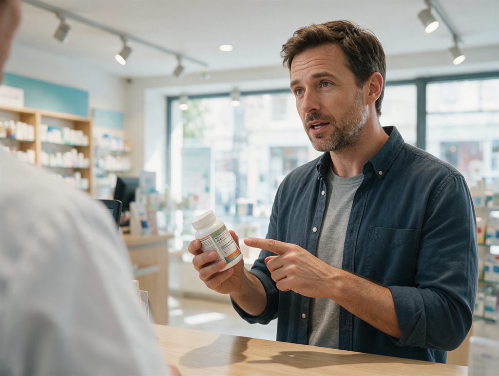 Cliente resolviendo sus dudas sobre suplementación con la farmacéutica de Alameda Vella en Cangas