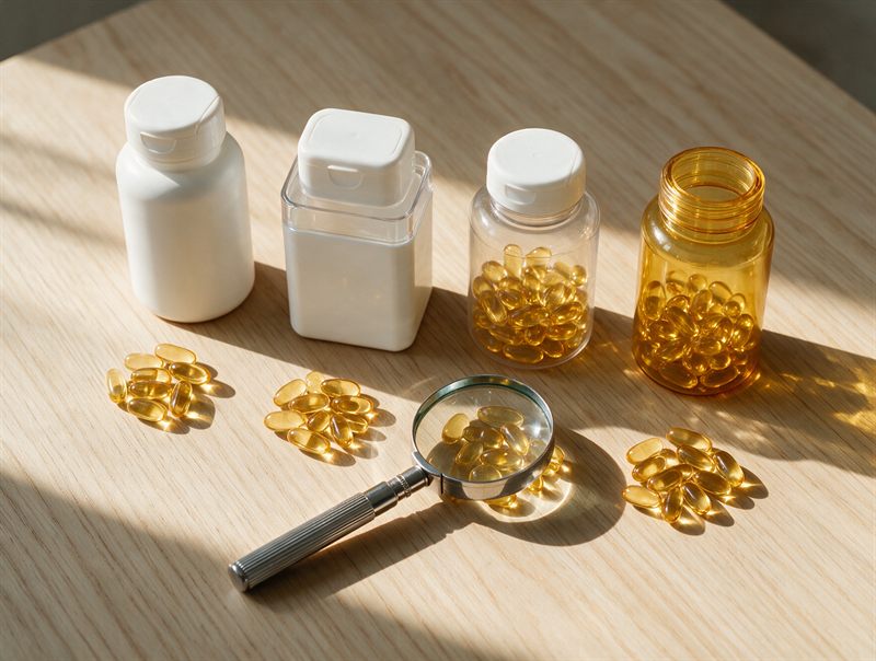 Cuatro botes de suplementos con las mismas cápsulas delante, revisados con lupa para detectar ingredientes repetidos