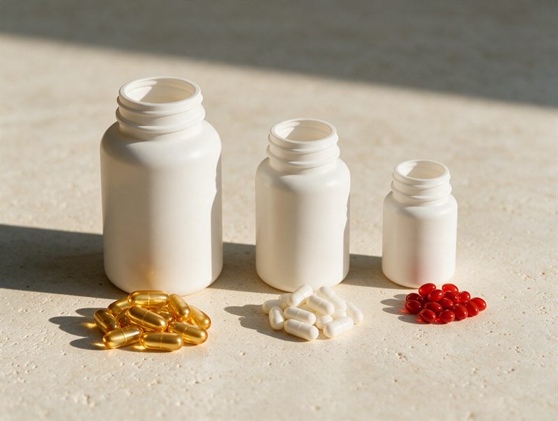 Varios botes de suplementos con dosis distintas del mismo ingrediente
